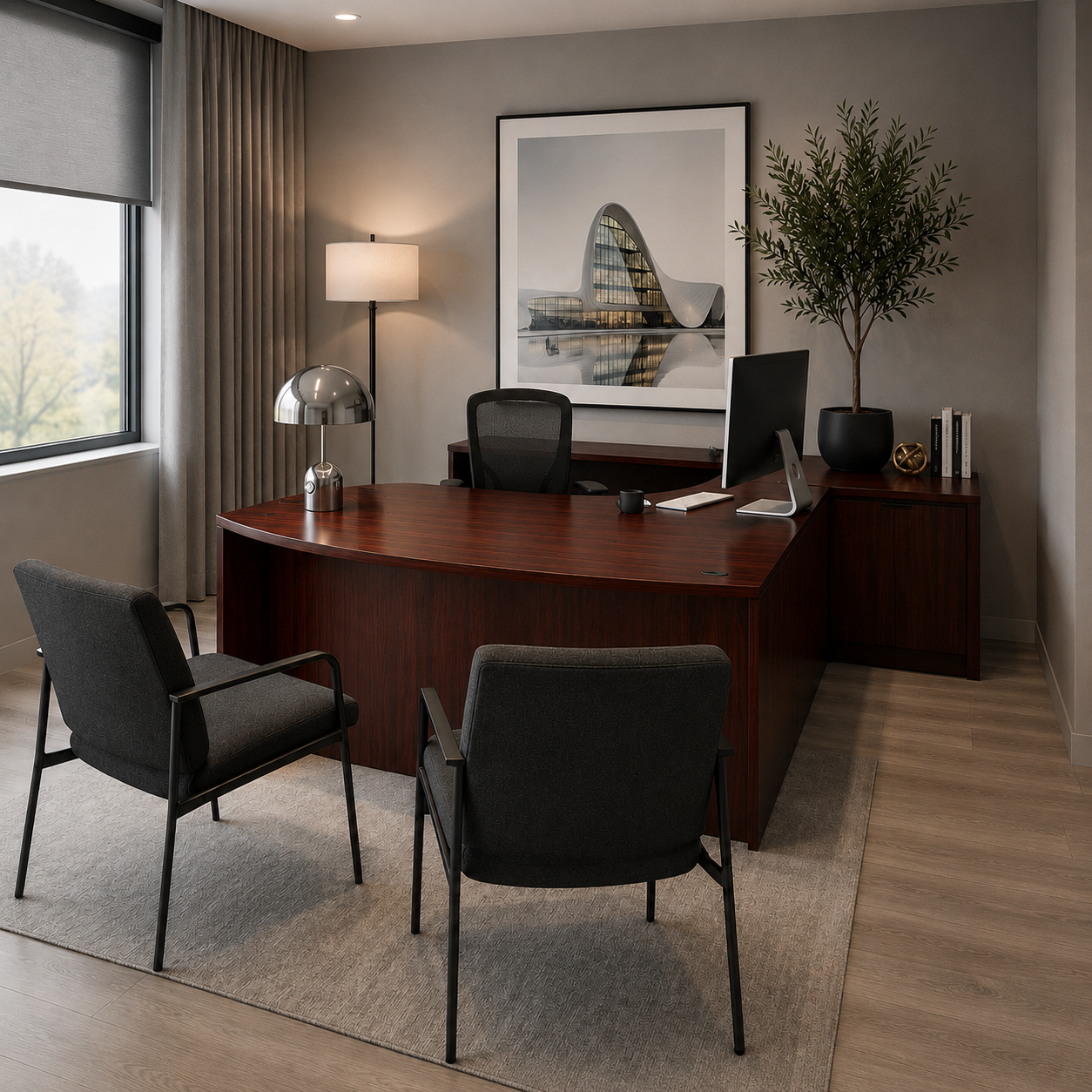Interior rendering of a City Park executive office suite with mahogany desk and modern furnishings